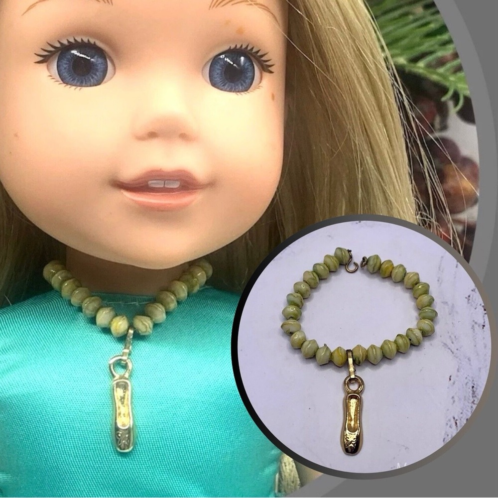 Green Glass Bead Ballerina Slipper Necklace 14” Doll Jewelry Wellie Wisher